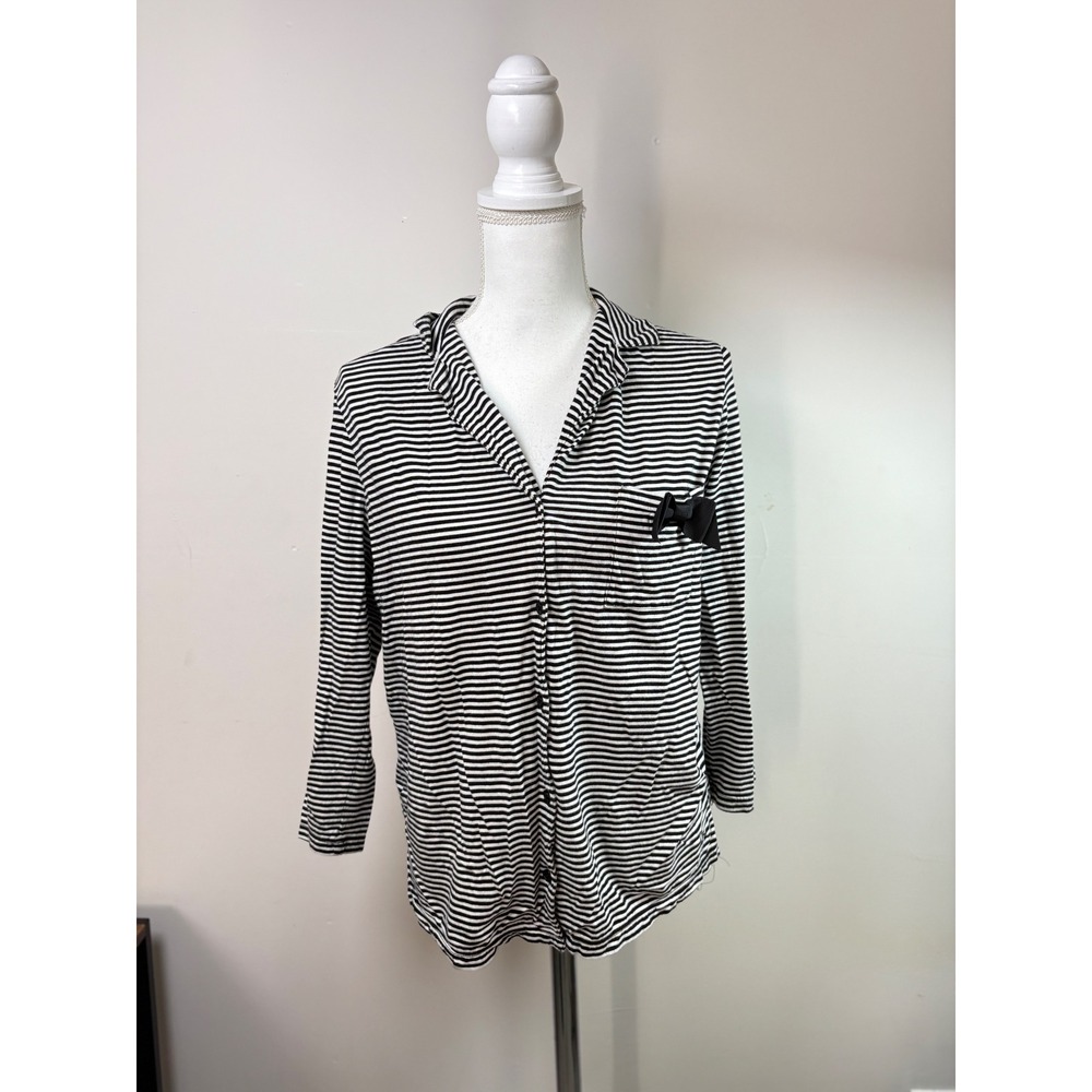 Kate Spade New York Womens Pajama Top Black White Striped Bow Accent Large